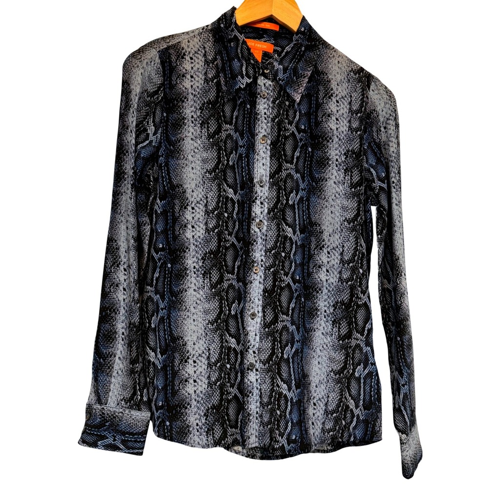 Joe Fresh 100% Silk Snakeskin Print Long Sleeve Button Down Shirt Blue Black S